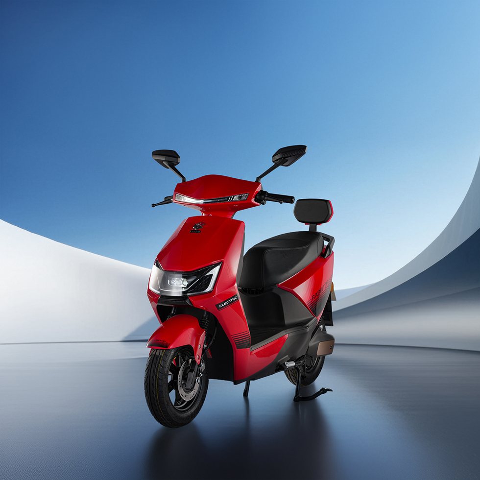 side view of red coloured rabbitor ev scooter